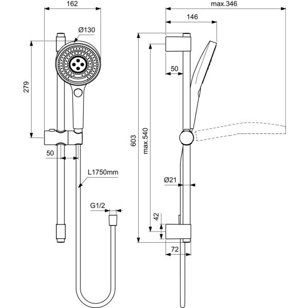 IDEALRAIN SOLOS Sprchová kombinácia 60 cm s 3-funkčnou ručnou sprchou Ø130 mm, farba magnetovo sivá, A7897A5