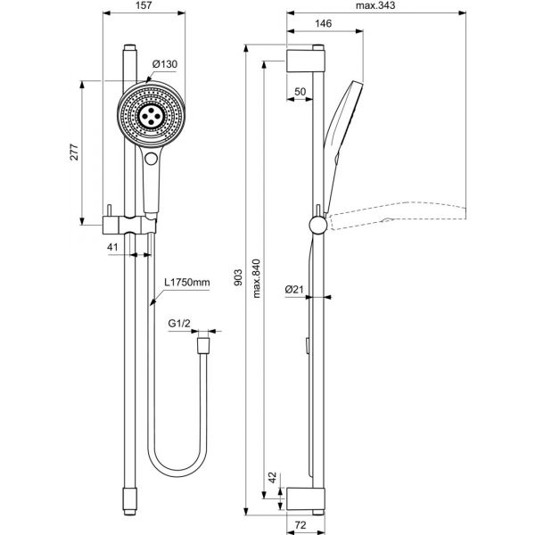 IDEALRAIN SOLOS Sprchová kombinácia 90 cm s 3-funkčnou ručnou sprchou Ø130 mm, farba chróm, A7898AA