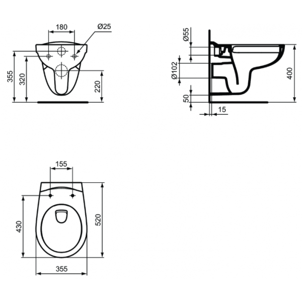 EUROVIT WC závesné RIMLESS 52x35 cm, K2844