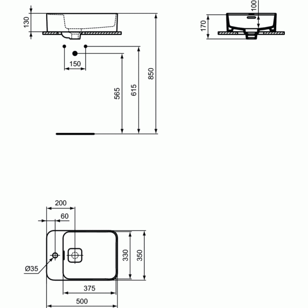 STRADA II Umývadlo na dosku 50x35 cm s otvorom pre batériu s prepadom, T296401