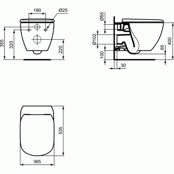 TESI AQUABLADE WC závesné 53x36 cm, biela matná, T0079V1